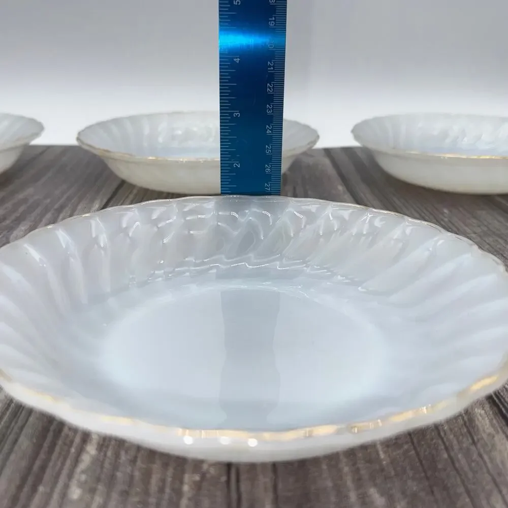 Vintage Fire King Milk Glass Swirl Bowls Gold Trim Set of 4 Anchor Hocking 7.5